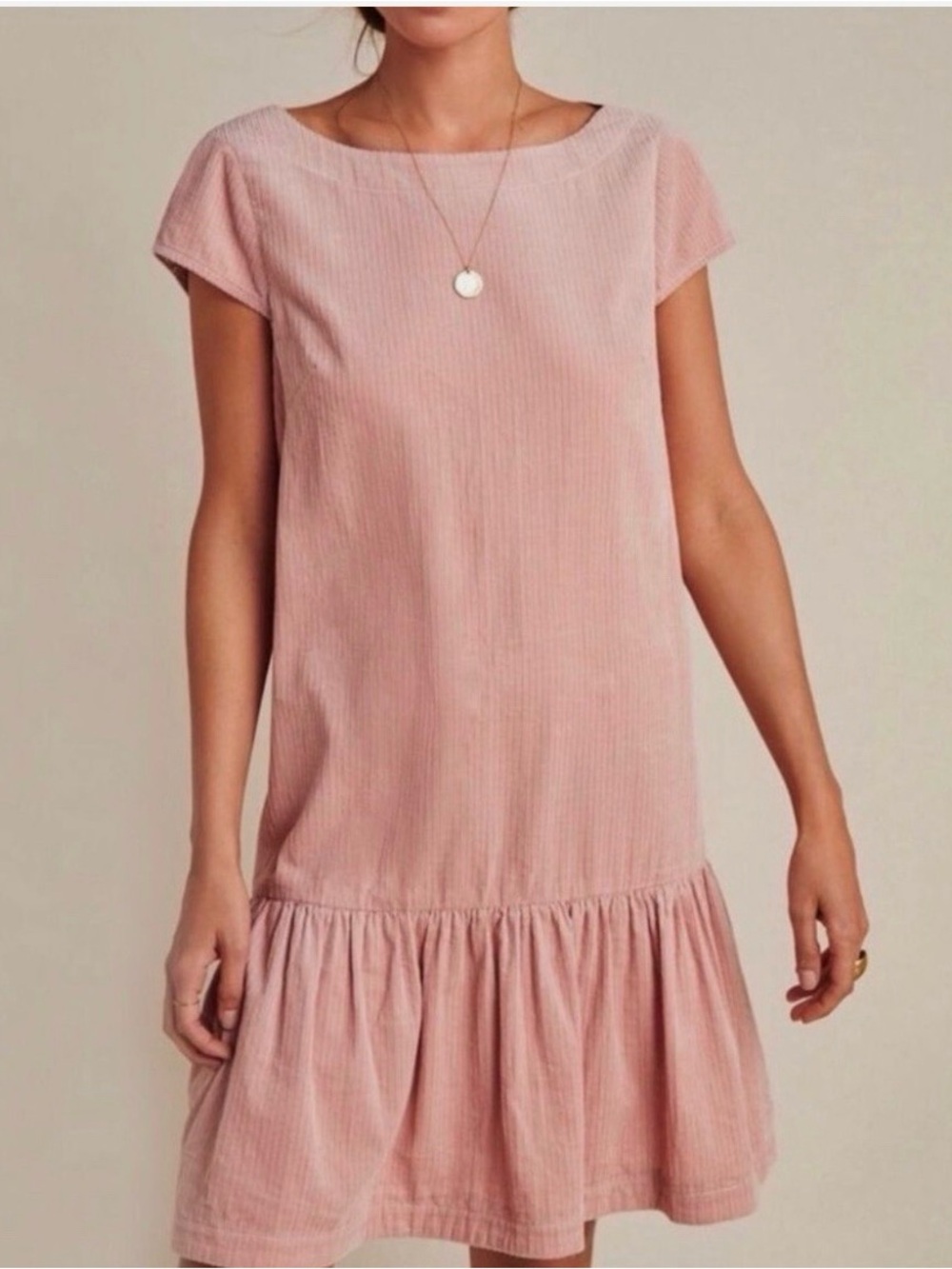 Maeve Anthropologie Dusty Pink Short Sleeve Ruffle-Hem Mini Dress